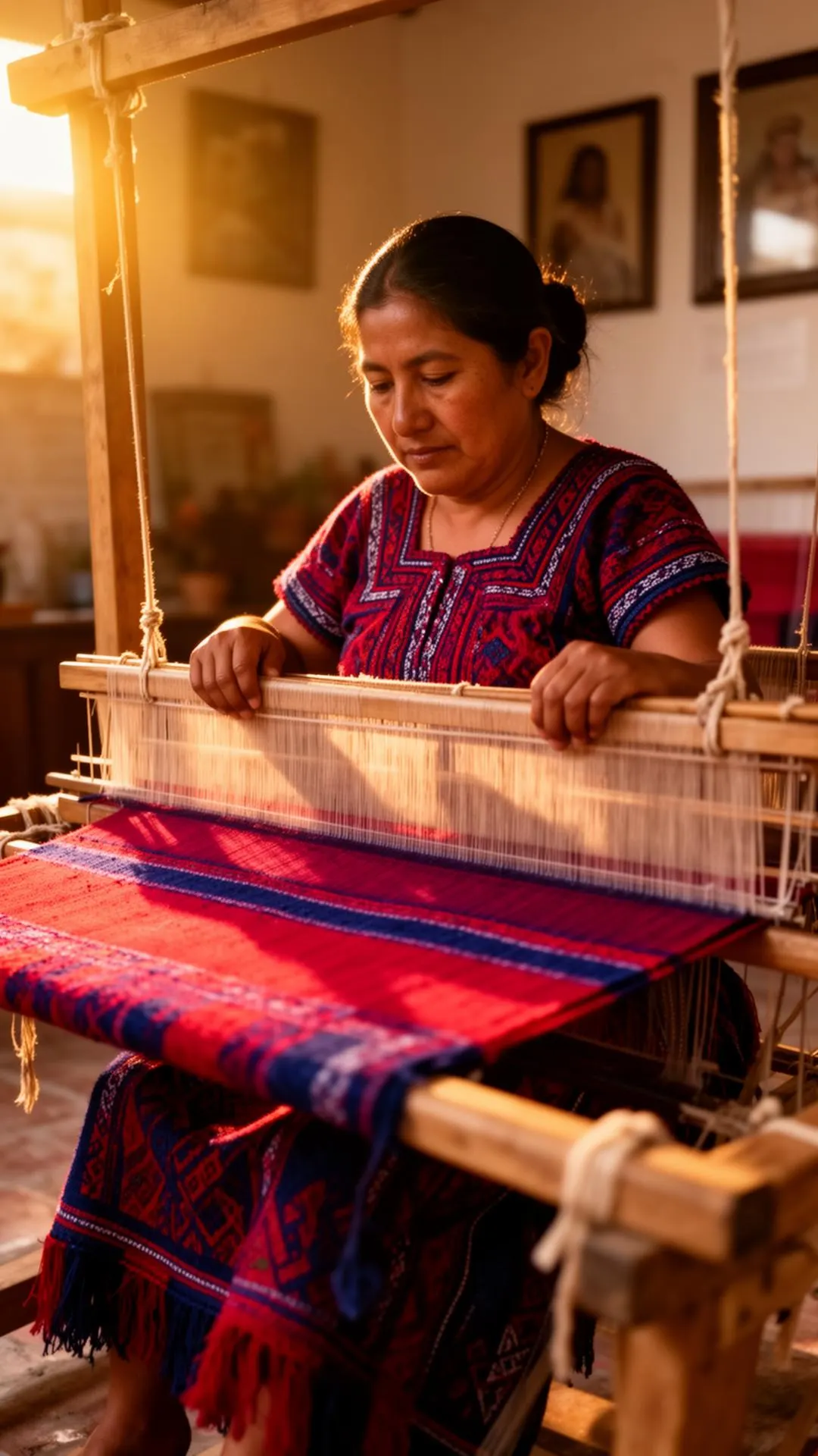 Oaxacan weaver at a backstrap loom in golden hour